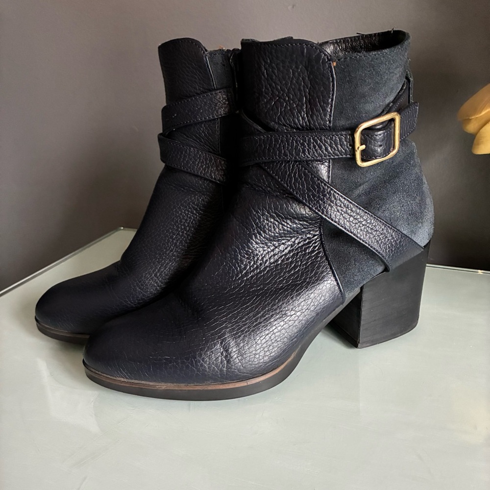 Eric Michael Blue Suede & Leather Ankle Boots with Buckle